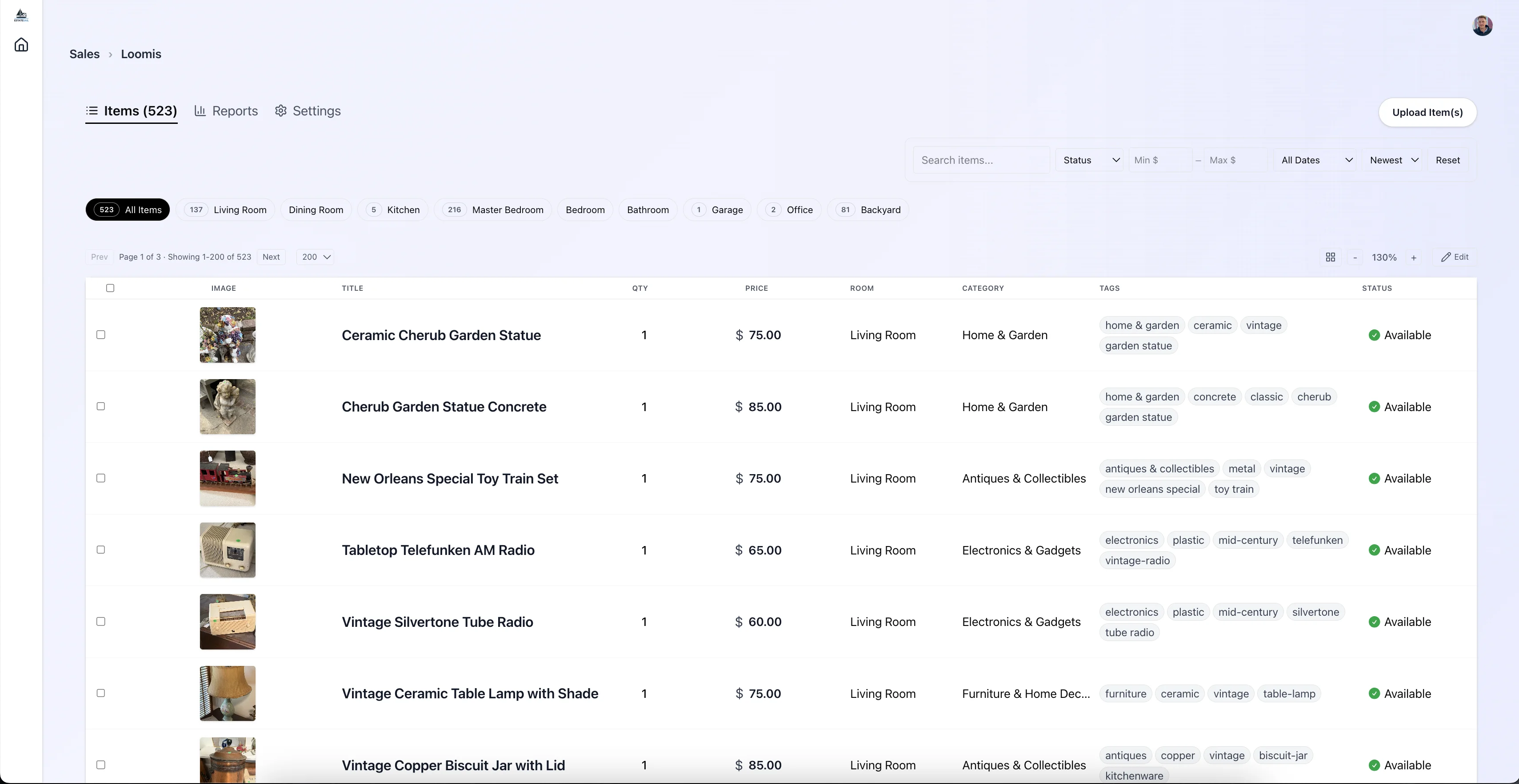 EstateSail Web Dashboard - Items Management