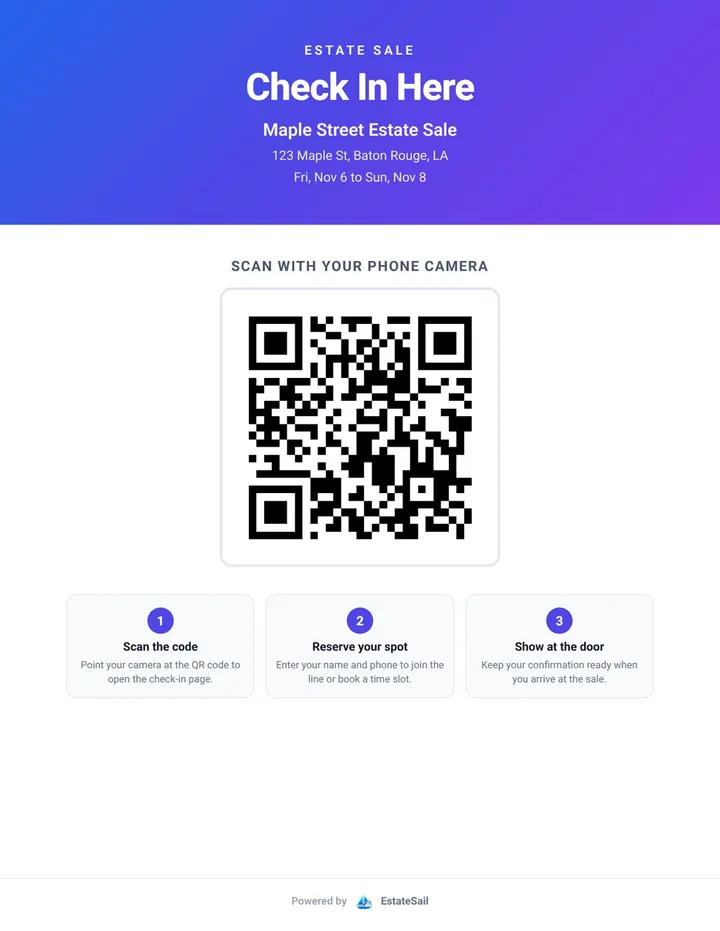 EstateSail Check In Here door poster with a QR code and three steps for shoppers