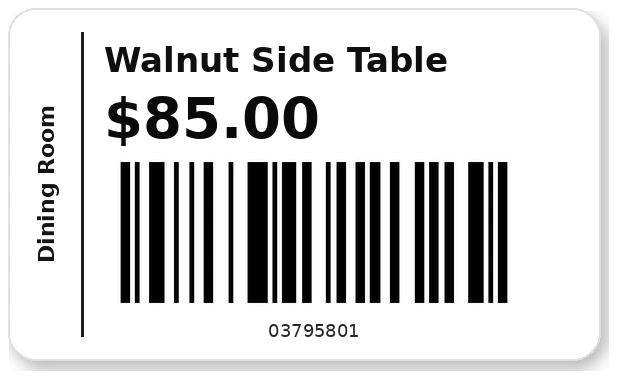 Walnut Side Table $85.00 barcode label
