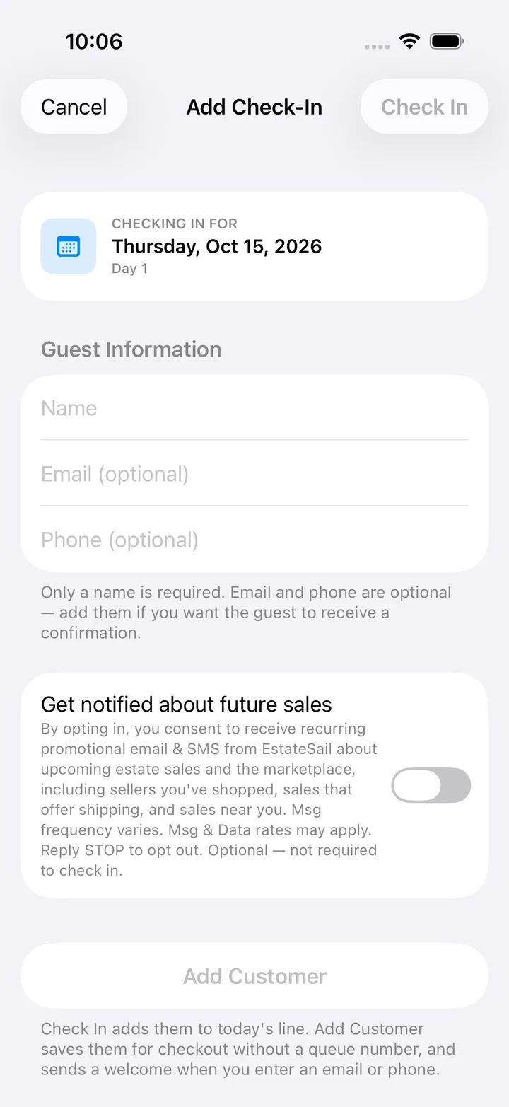 EstateSail Add Check-In screen: add a walk-in to the line with just a name