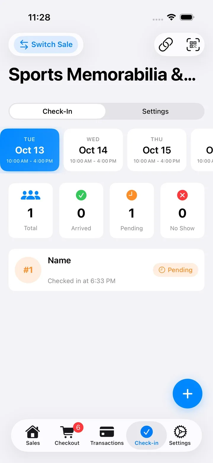 EstateSail Check-in tab on iPhone with sale days and Total, Arrived, Pending and No Show counts