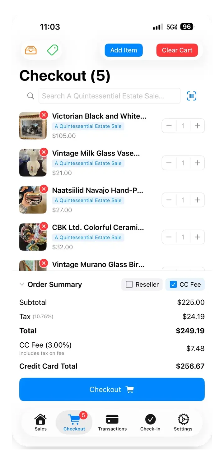 EstateSail checkout cart with items scanned on sale day