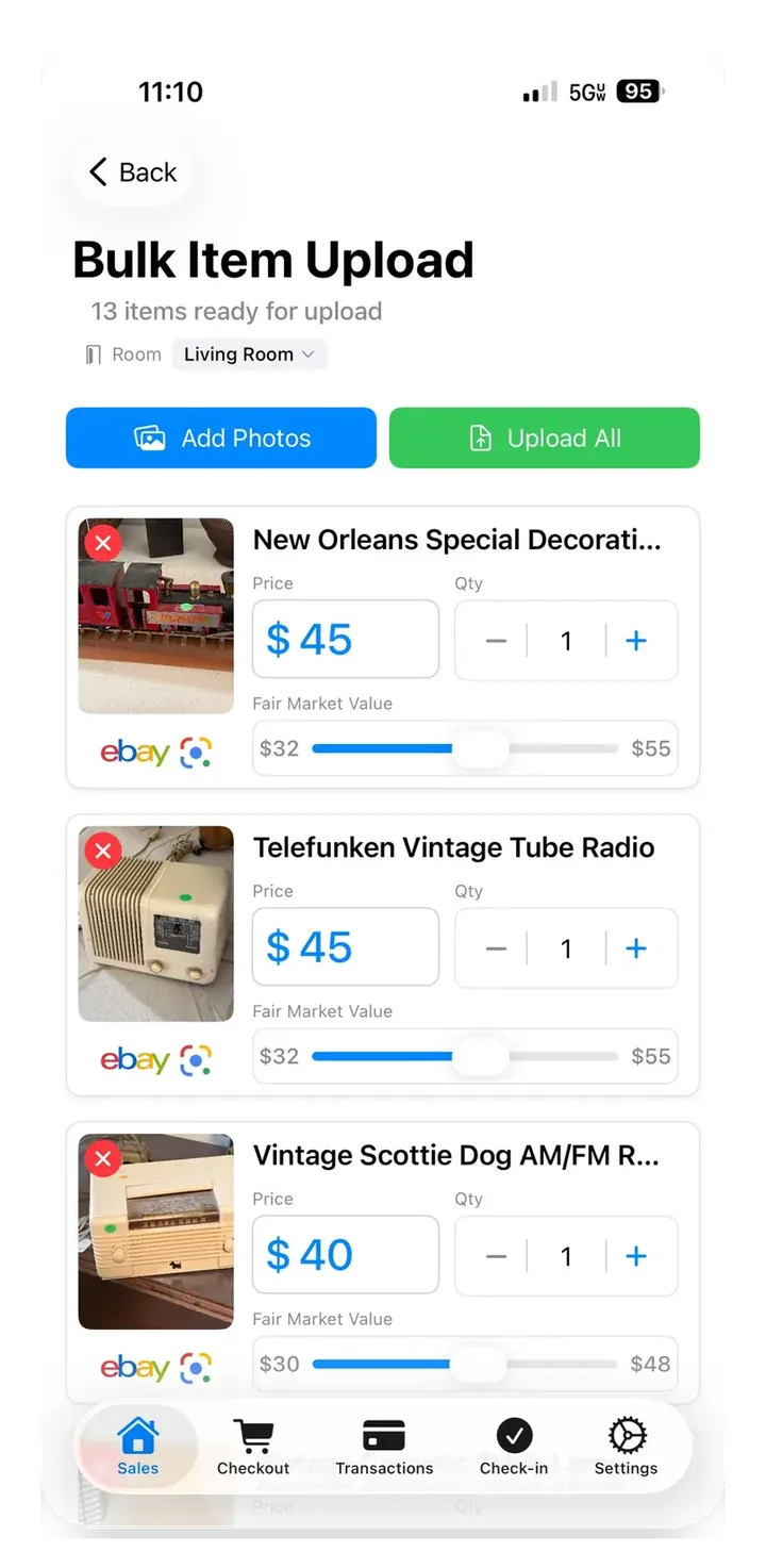 EstateSail bulk item upload: AI titles and price ranges from room photos