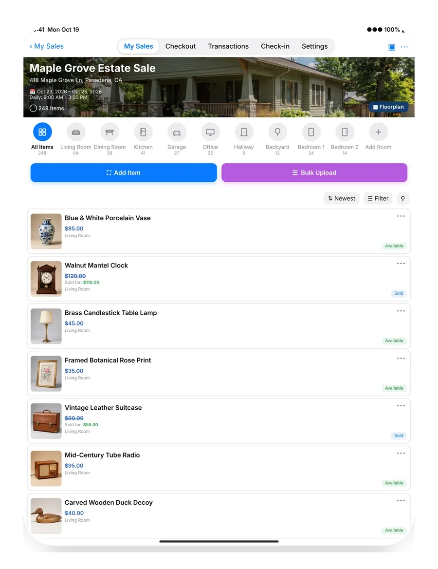 EstateSail on iPad: every item in the sale with its price, organized by room