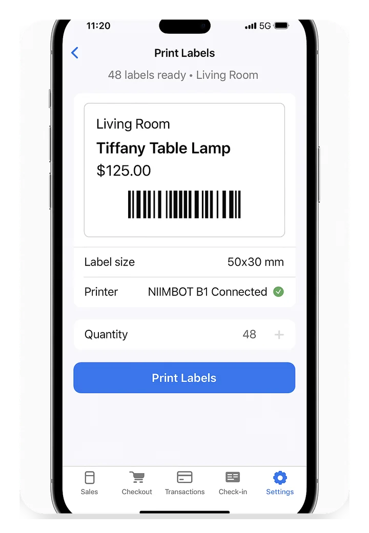 EstateSail Print Labels: Tiffany Table Lamp $125.00 barcode label, NIIMBOT B1 connected