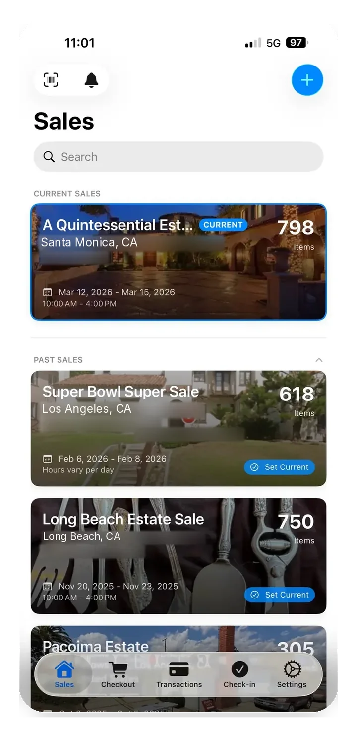 EstateSail sales list with active in-person and online sales and their totals