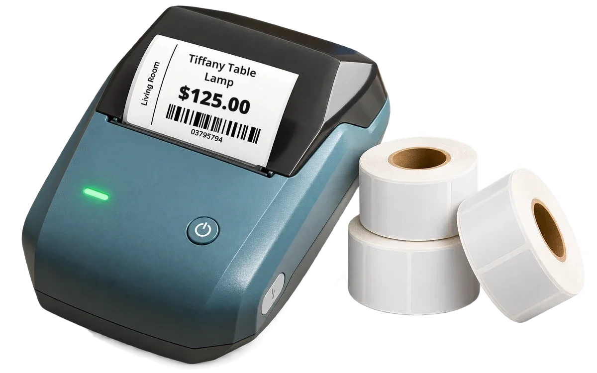 EstateSail Free Starter Kit: NIIMBOT B1 printer printing a Tiffany Table Lamp $125.00 barcode label, with label rolls